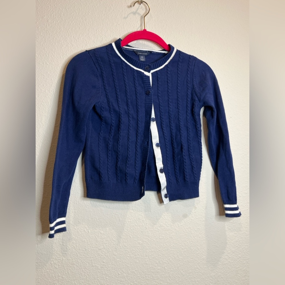 Tommy Hilfiger Blue and White Little Girls Uniform Cardigan Sweater Small Petite